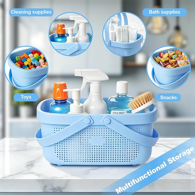 Portable Shower Caddy Basket with Handles Plastic Storage Basket Blue | Sturdy Drainage Large Capacity Organizer Basket with Silicone Handles for Bathroom Kitchen Bedroom College Dorm Essentials - Image 2