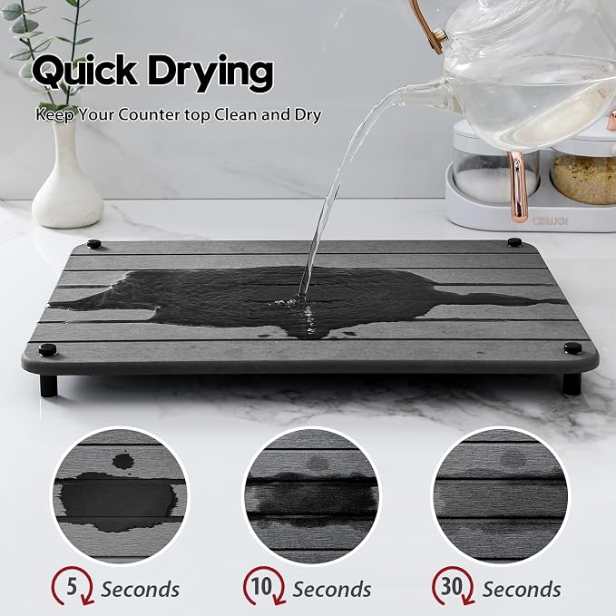 Stone Dish Drying Mat for Kitchen Counter, Water Absorbing Bathroom Tray Sink Organizer, Diatomaceous Earth Countertop Dish Rack Riser Sponge Holder Soap Dish, Dark Gray, 16" x 12" - Image 2