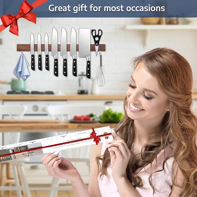 Dmore magnetic knife holder for wall—with 2 hooks, No Drilling 20 Inch walnut knife magnetic strip, Powerful knife magnet rack, include Adhesive Tape and screws for Knives, Utensils, and Tools - Image 6