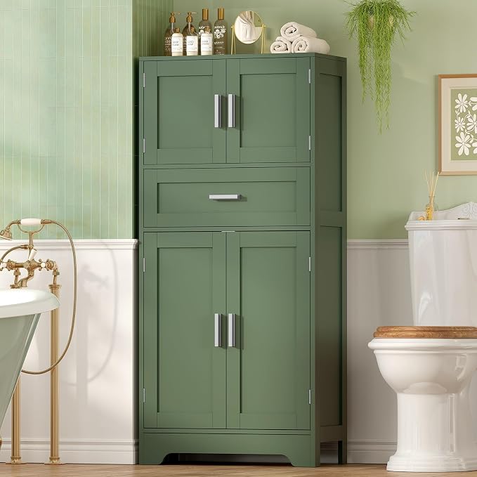 Bathroom Floor Storage Cabinet with Adjustable Shelf, Freestanding Storage Cabinet with 4 Doors, Cupboard for Living Room, Home Office, Entryway, Forest Green - Image 2