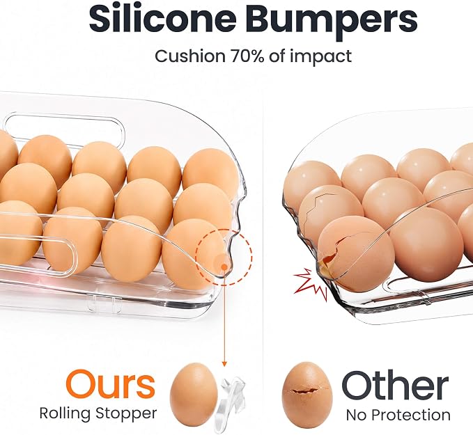 SMRCAD 36-Egg Dispenser with Silicone Bumpers, Auto-Rolling, Stackable | BPA-free food-grade PET | Stackable with lid | Built-in handle | 11.92"L x 8.85"W x 5.4"H | Hand wash only - Image 3