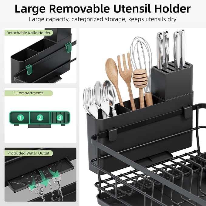 TOOLF Expandable Dish Drying Rack for Kitchen Counter, Black | Extendable 12"-22"W, Fast Draining, Large Capacity, Fits Large Plates, Utensil Holder, 3-4 People Family - Image 6