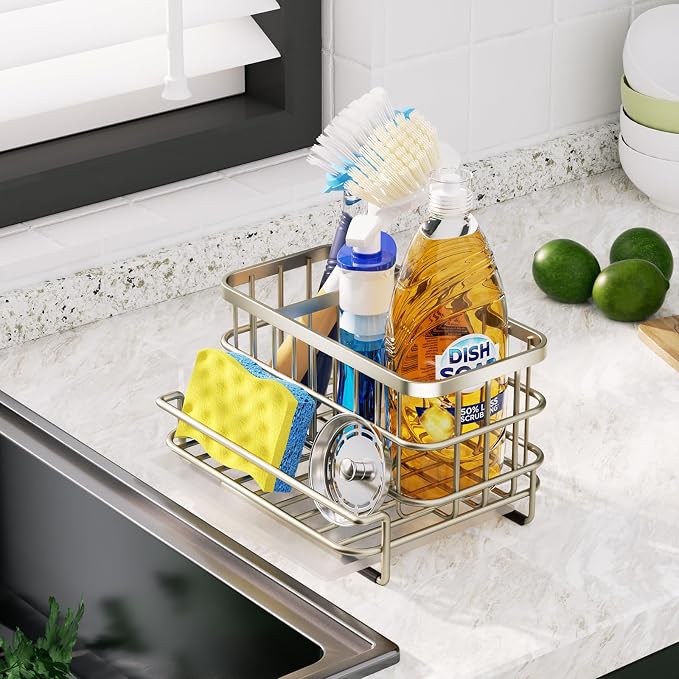 HapiRm Kitchen Sink Caddy Organizer - Versatile Sponge Holder with Drain Tray, SUS304 Stainless Steel Rustproof Kitchen Sink Organizer Storage for Countertop- Brushed Nickel - Image 6