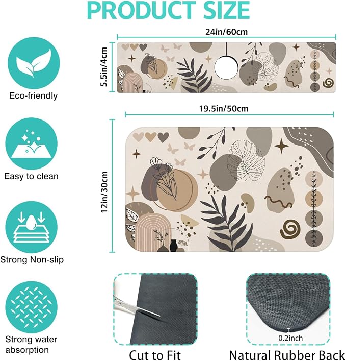 Dish Drying Mat for Kitchen Counter Matt, 2PCS 19"x12" Dish Drainer Mat & 24"x5.5" Sink Splash Guard, Super Absorbent Non-slip Rubber Backed - Image 2