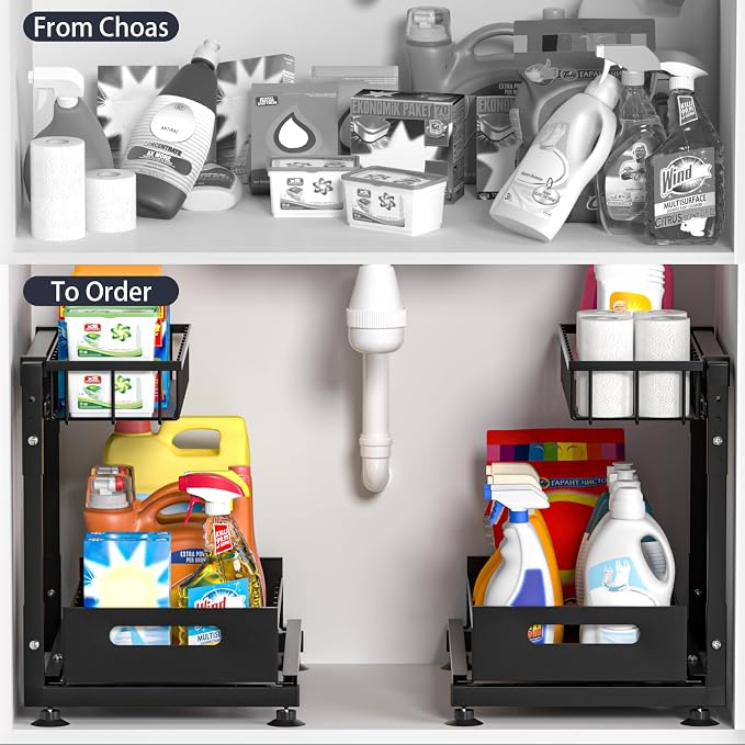 2-Pack L-Shaped Under Sink Organizer, 2-Tier Pull-out Cabinet Rack | Black Height-Adjustable Steel Rack, Sliding Grid Drawers with PP Liners, Holds 100 Lbs, Suction Base, Ideal Kitchen Storage - Image 2