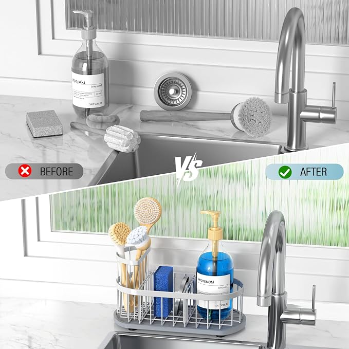 Sink Caddy Kitchen Sink Organizer, Sponge & Brush Holder, Stone Drying Mat | Space-Saving Sink Sponge Holder with Full-Size Tool Storage, Fits Most Sinks, Kitchen Sink Accessory and Countertop Organizer - Image 6