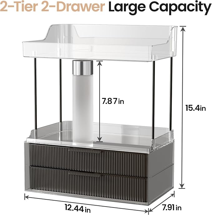Delamu 4-Tier Makeup Organizer, Bathroom Counter Storage, 2 Drawers,Black | Elegant Vanity Organizer Gift for Women, Holds Perfume, Skincare, Nail Polish & Hair Accessories for Bathroom Countertop - Image 2
