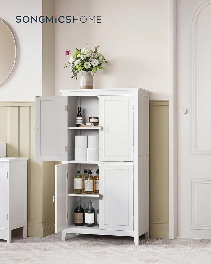 SONGMICS HOME Freestanding Storage Cabinet, Floor Cabinet with Elevated Legs, Metal Handles, for Living Room, Kitchen, Bathroom, White - Image 2