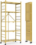 Himix 5-Tier Foldable Storage Shelves with 20 Hooks Wheels Bookshelf Gold | Folding shelving units, Metal collapsible organization, Wire shelf, No assembly, Garage, Home room, Greenhouse, Holds 440 Ibs by Himix