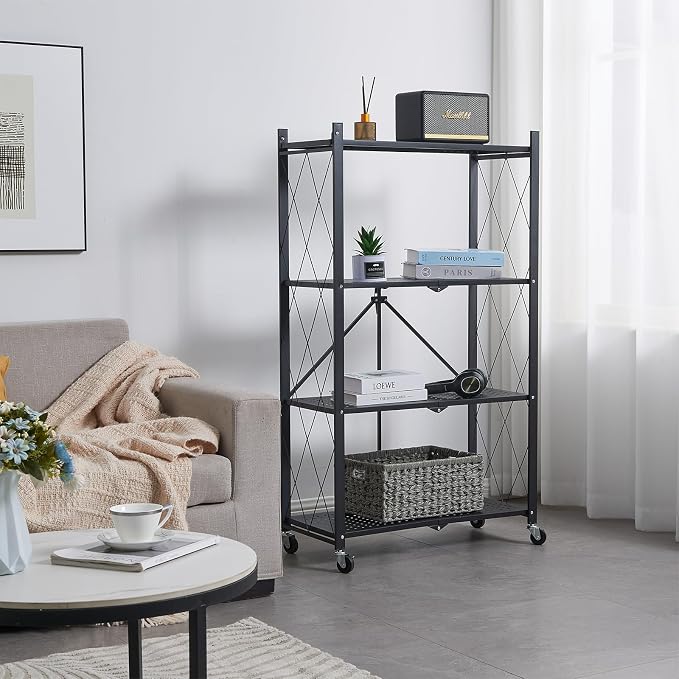 BRIAN & DANY 4-Tier Foldable Storage Shelves with Wheels, Folding Metal Rack Shelving Unit, Heavy Duty No Assembly Organizer Shelf for Garage, Kitchen, Basement, Pantry, Black - Image 2