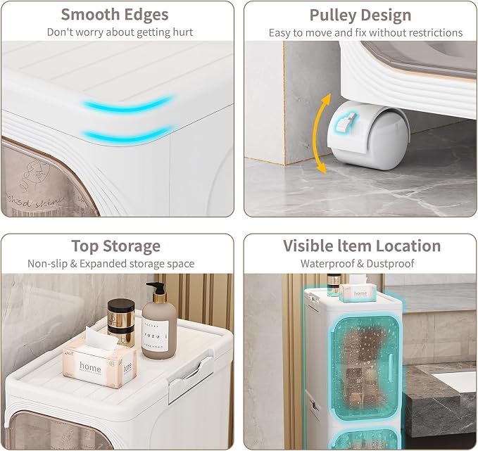 3 Tier Slim Bathroom Storage Cabinet, Foldable and Movable, White | Tools Free, ABS and PET, Magnetic Clear Door, Adjustable Shelves, Lockable Wheels, Water Resistant, For Narrow Space - Image 3