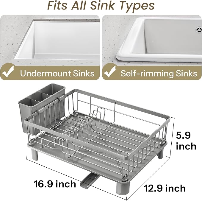 SNTD Dish Drying Rack for Small Kitchen Counter, 12.9" W x 16.9" L, Grey | Space Saving, Rotating Spout & Angled Drainboard for Quick Drainage, Stainless Steel, Removable Utensil Holder - Image 2