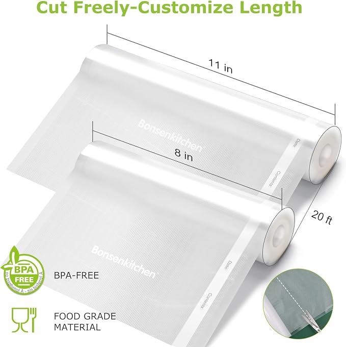 Bonsenkitchen Vacuum Sealer Rolls bags, 3 Rolls 11"x 20'+ 3 Rolls 8"x 20' | 6 Pack, Commercial Grade, Durable, BPA-Free, Custom-Size Vacuum Sealer Bags for Dry/Moist Food Storage and Sous Vide, VB3211 - Image 2
