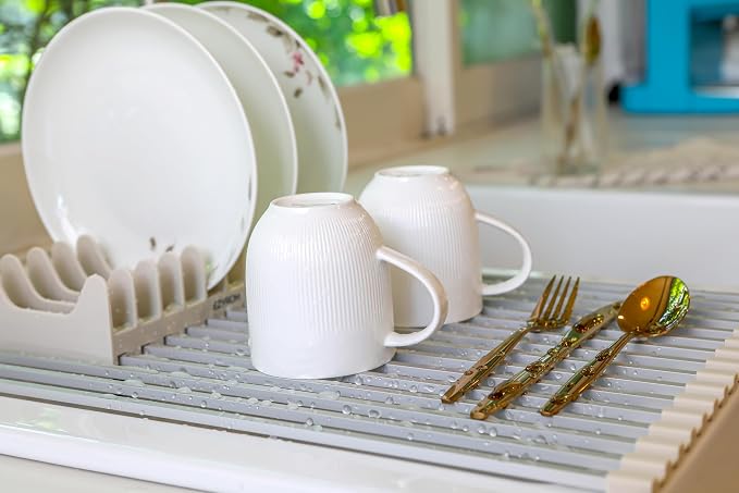 Large Aluminum Roll Up Dish Drying Rack 20.5" x 13" with Dish Holder | Square aluminum bars, Available in 3 sizes & 2 colors, Rolls up for easy storage, Removable dish holder, Heat resistant - Image 5