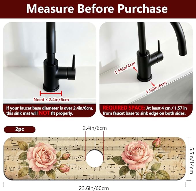 2 Pcs Kitchen Sink Splash Guard Faucet Mat Retro Sheet Music Flowers Pattern Faucet Mat for Sinks Flower Absorbing Drying Mats for Kitchen Bathroom - Image 2