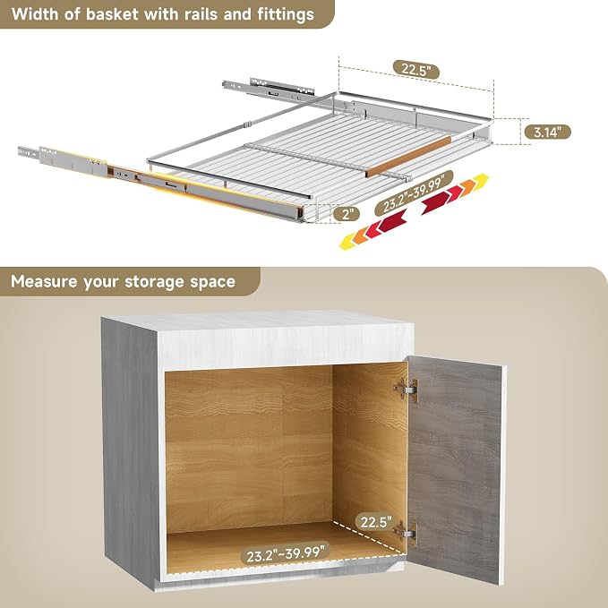 23.2~39.99"x22.5" Pull Out Cabinet Organizer，2Pack Expandable Sliding Cabinet Shelves，Side Mounting - Image 2