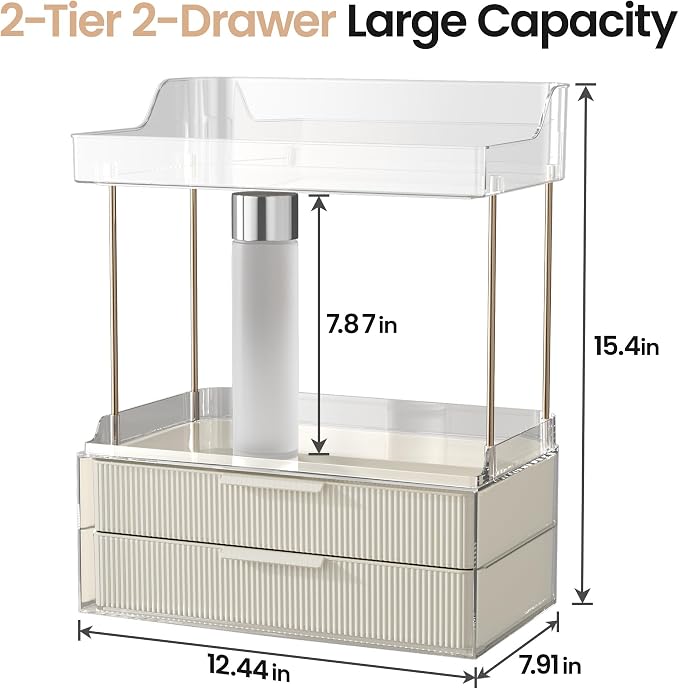 Delamu 4-Tier Makeup Organizer, Bathroom Counter, 2 Drawers,Cream White | Elegant Vanity Organizer Gift for Women, Holds Perfume, Skincare, Nail Polish & Hair Accessories for Bathroom Countertop - Image 2