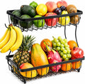 2-Tier Fruit Basket for Kitchen Counter with 2 Banana Hangers | Large Metal Fruit Bowl, Versatile Holder for Veggies, Produce Storage, 12.5"×7.5"×12"-Black by Unknown
