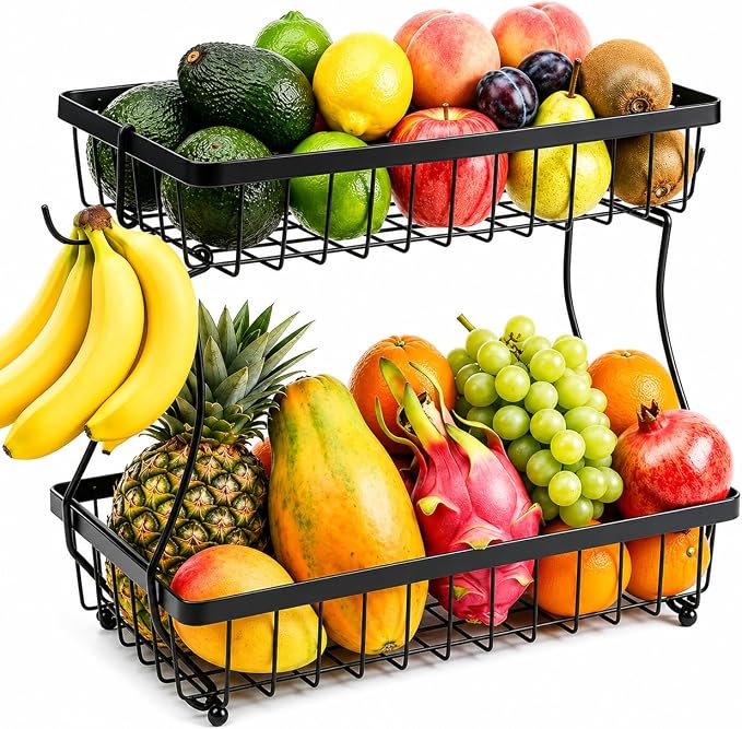 2-Tier Fruit Basket for Kitchen Counter with 2 Banana Hangers | Large Metal Fruit Bowl, Versatile Holder for Veggies, Produce Storage, 12.5"×7.5"×12"-Black by Unknown