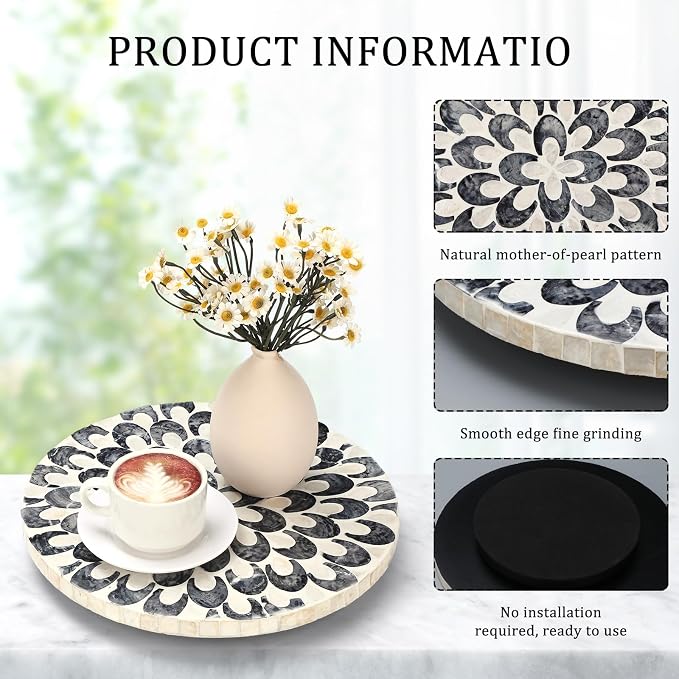 Reallnaive Mother of Pearl Lazy Susan for Table Turntable Organizer Marble Patterned Lazy Susan Wood Spinning Tray Rotating for Kitchen Cabinet Spice Pantry 12 Inch(Round,Floral) - Image 2