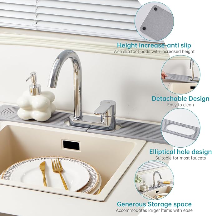 Stone Faucet Mat for Kitchen Sink Oval Hole Bathroom sink splash guard | Water-Absorbing Diatomite Stone Drying Mat & Sink Protectors Absorbent Stone Tray for Bathroom Counter, Oval Hole 6.5" x 2.5" - Image 4