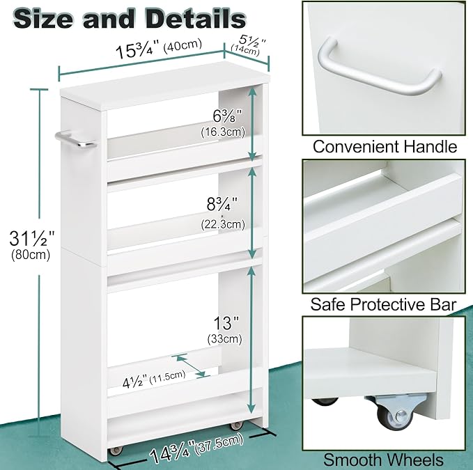 MARTY Slim Rolling Storage Cart, Wood Utility Kitchen Bathroom Laundry Cart | 4 Tier Kitchen Cart with Wheels Handle, Laundry Room Organization, Narrow Bathroom Storage Cabinet, 5.5" Wide Storage Trolley - Image 7