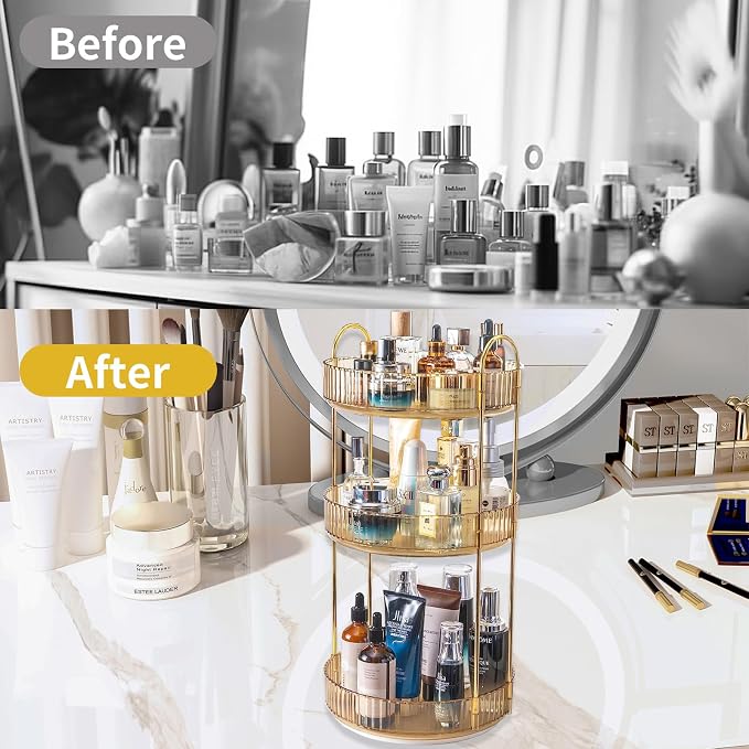 Asayuee 360 Rotating Makeup Organizer for Vanity,3 Tier Large Capacity Vanity Storage,Skincare Perfume Spinning Organizer,Bathroom Cosmetics Storage Makeup Stand Organizer (Gold-3 Tier) - Image 5