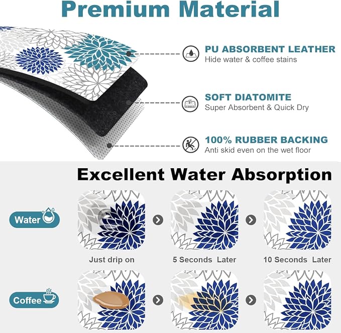 Findosom 2PCS 16" x 24" Dish Drying Mat & 24" x 5.5" Sink Splash Guard, Super Absorbent & Cuttable Dish Mat Drying Kitchen Mat with Blue Floral, Hide Stain Drying Mat for Kitchen Counter - Image 3