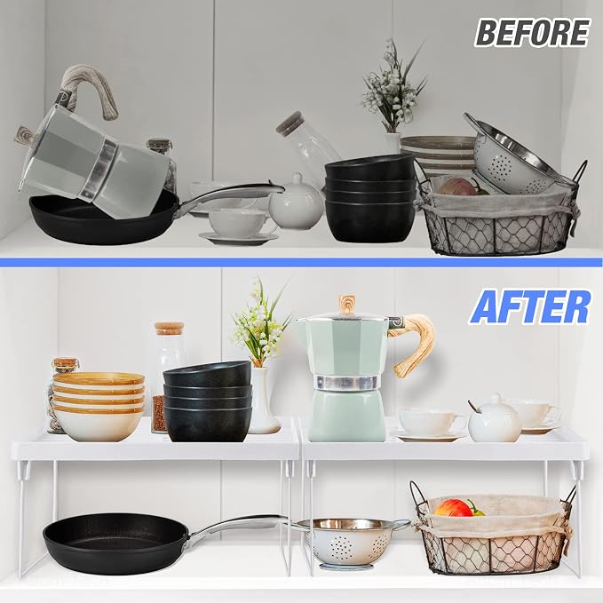 NiHome 4-Pack Stackable Plastic Kitchen Storage Shelf Foldable Rack, White | Stackable Kitchen Cabinet Organizer and Storage Shelves, Expandable Storage Racks for Counter Cabinet Pantry - Image 3