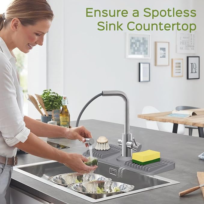 15 Inch Silicone Faucet Mat for Kitchen Sink Splash Guard – 2025 Upgraded Draining Mat with Water Tray Behind Faucet – Countertop Protectors to Catch Spills (Gray, 14.6" x 5.5") - Image 7
