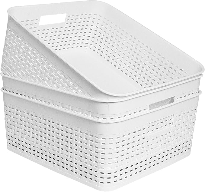 Soddeph Plastic Storage Baskets for Cabinets, Household Pantry Organization with Handle,Organizer Bins for Room,Bathrooms,Under-Sink,Kitchen (White, L-3PACK) by Soddeph