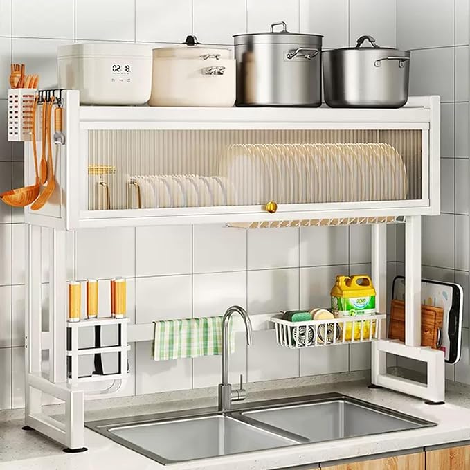 Hdrriozu Over the Sink 3 Tier Dish Drying Rack with Cover, Milkshake White | Rust resistant built last. Easy install simple tools. Holds dishes glasses bowls. Space saving over sink tidy kitchen. by Hdrriozu