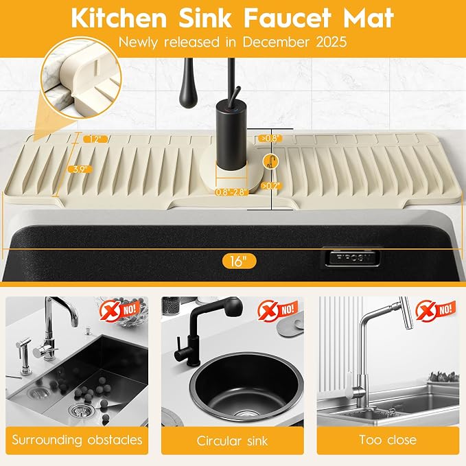 16" Silicone Faucet Mat for Kitchen Sink of The Lastest, Beige | 8° Slope Fast Self-draining, Kitchen Sink Water Splash Guard, Behind Faucet Draining Mat, for Bathroom Kitchen Sink Area - Image 2