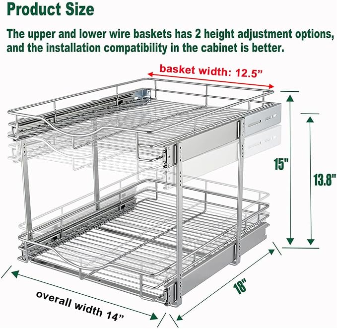 DINDON 2 Tier Pull Out Cabinet Organizer (14" W X 18" D), Double Tier Wire Basket Slide Out Shelf Storage for Kitchen Base Cabinet Organization ​for Kitchen, Pantry, Bathroom, Chrome - Image 2