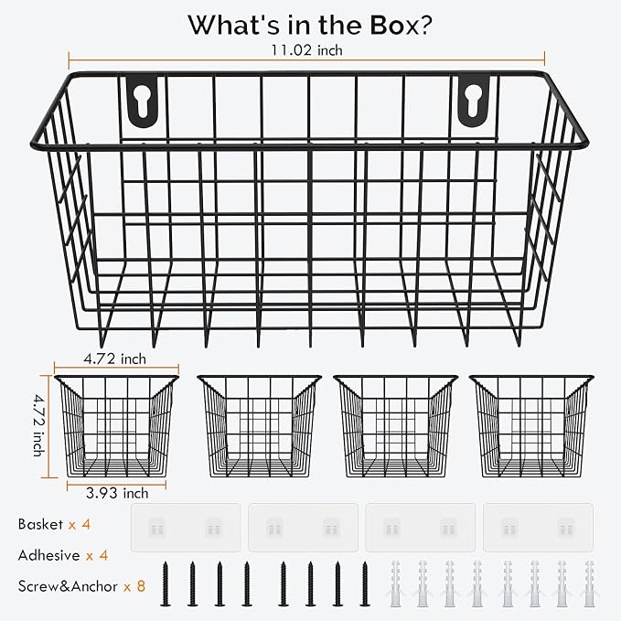 MaraFansie Hanging Wire Baskets Kitchen Storage Basket Adhesive and Screws Basket Over the Cabinet Door Organizer with Adhesive Strips and Screws Accessories, 2 Installations, 4 Pack, Black - Image 6