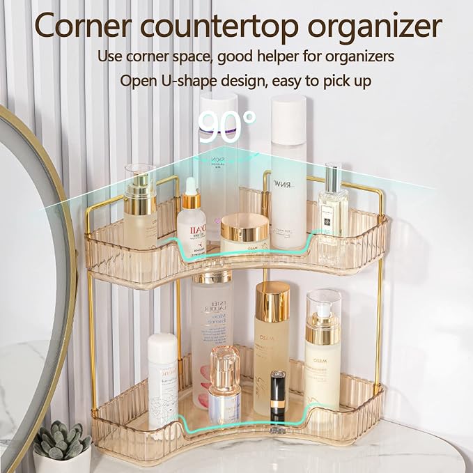 2-Tier Corner Bathroom Counter Organizer – Classic Storage Shelf for Makeup, Perfume & Toiletries, Space-Saving Countertop Tray Fits Bathroom, Dresser, Kitchen (Vintage Gold) - Image 4