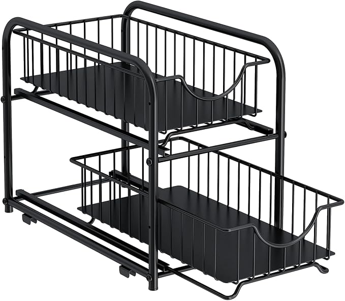 2-Tier Pull Out Organizer Under Sink Sliding Cabinet Rack,Black | Stackable Sliding Storage Drawer organizer with adjustable height and anti slip pad. Kitchen,Office or Cabinet Storage by AIYAKA