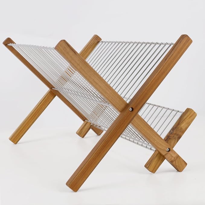 HTB Dish Drying Rack 2 Tier,Stainless Steel & Teak Wood Dish Drying Rack | Foldable Dish Drainer for Plates, Cups, Bottles, Kitchen Counter, Apartment, Collapsible Kitchen Drying Rack, Space Saving - Image 6