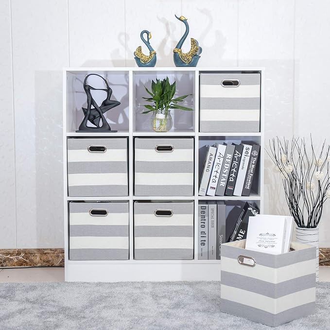 11x11 Storage Cubes Collapsible Fabric Bins Set of 4,Grey-white Striped | Fabric Storage Drawers Cubby Organizer Bins Striped Container for Organizing Home Office Wardrobe Closet Shelf - Image 7