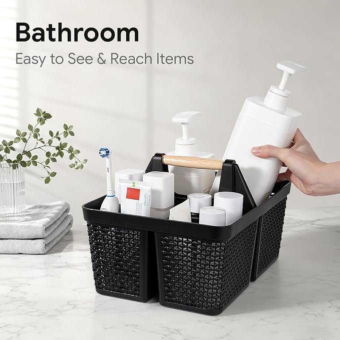 UUJOLY Portable Plastic Shower Caddy Basket with Wooden Handle, Black | Divided Storage Organizer Tote for Bathroom, Dorm, College, Kitchen & RV – Lightweight, Easy-Carry Essentials Caddy - Image 6