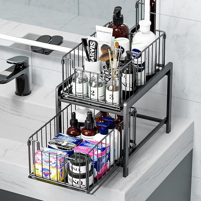 2-Tier Pull Out Cabinet Organizer, Slide Out Under Sink Organizer | Metal Cabinet Baskets with Mesh Sliding Drawer for Home, Office, Bathroom, Kitchen, Pantry Storage Shelf, Large Black - Image 6