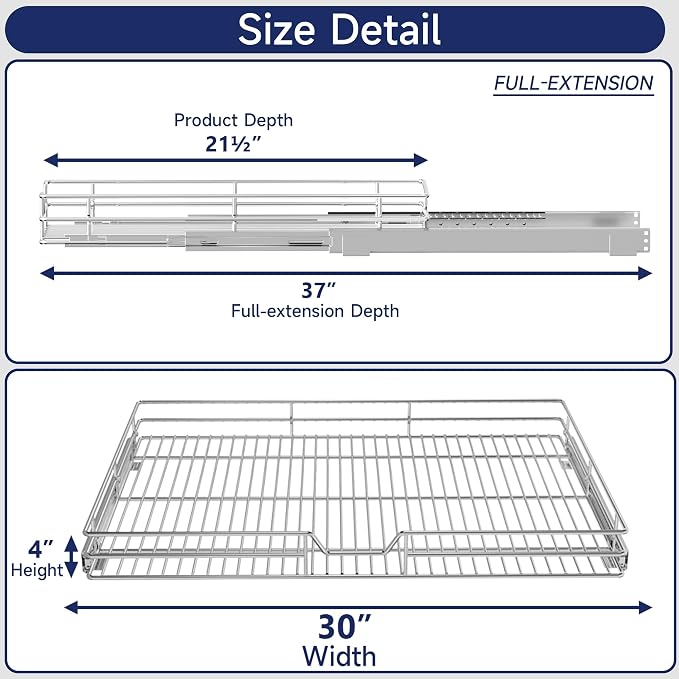 Pull Out Cabinet Organizer, 30" W x 21.5" D, Heavy Duty Chrome Slide Out Shelf for Wide Base Cabinets, Sliding Wire Basket Drawer for Pots, Pans, Appliances & Pantry Storage - Image 2