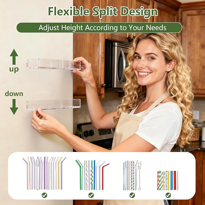 7.5" Small Acrylic Straw Holder for Cabinet Door - Reusable Tumbler Straw Organizer Storage, Small Kitchen Accessories Container, Ultra Sticky Cupboard Door Mounted (Transparent) - Image 7