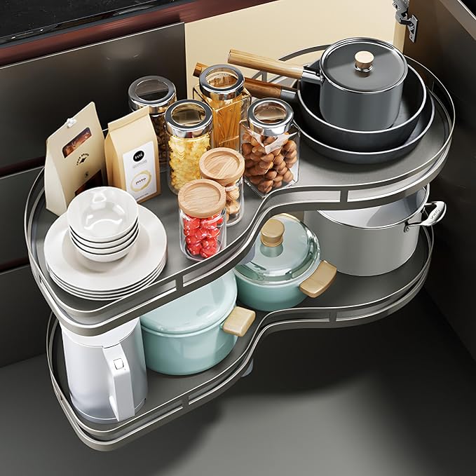 Blind Corner Cabinet Pull Out Organizer, 2-Tier Shelf, Adjustable Height | Fits 14" Cabinet Openings, Left Swing for Right Hinges, Adjustable Height Design, Blind Corner Cabinet for Kitchen Storage by Unknown