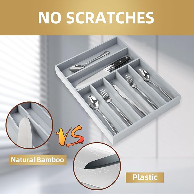 Bamboo Silverware Holder Drawer Utensil Organizer with 7 Slots Gray | 13 Inch, 7 Divided Slots, Gray Bamboo Wooden, Organize Kitchen Bedroom Office, Flatware Spoon Fork Cutlery Tray - Image 3