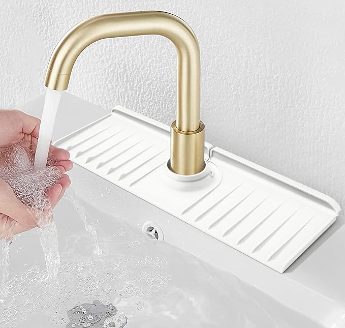 YATOISUR Sink Splash Guard 14.4” x 5.4” - Sink Faucet Mat with Faucet Water Catcher Mat & Soap Dish & Sponge Holder 3 in 1 - Silicone Faucet Handle Drip Catcher Tray for Kitchen RV & Bar Faucet, White by YATOISUR