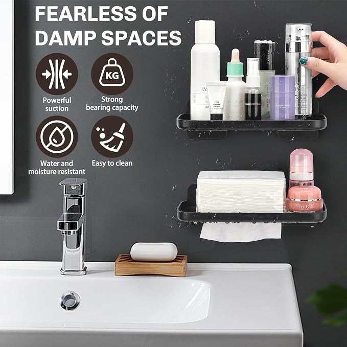 FAYYGYH 2 Pack Adhesive Floating Shelves, No Drill Small Floating Shelf | Wall Storage Damage-Free Wall Mounted Organizer for Bathroom, Kitchen, Bedroom & Office (Black-4pcs) - Image 4