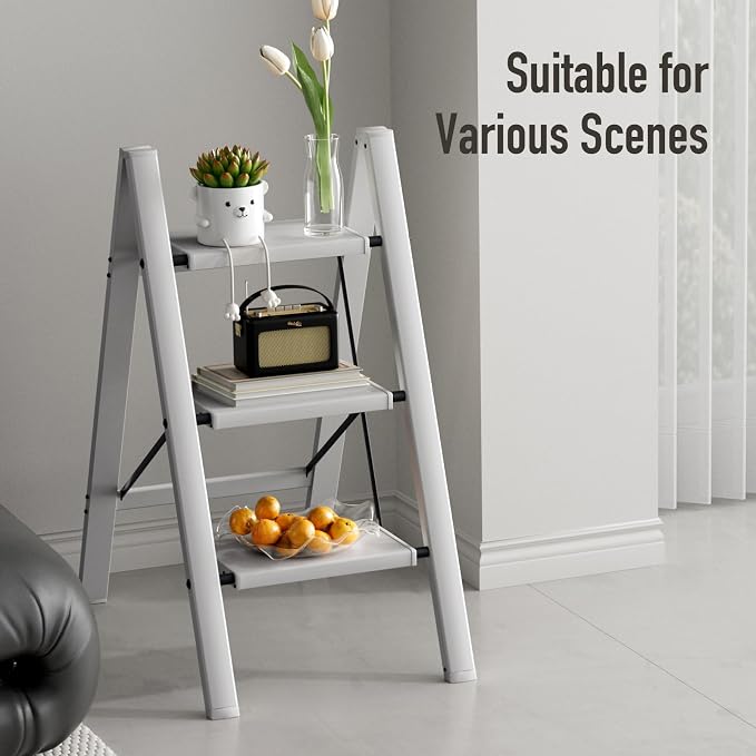 Mayi Plus 3 Step Stool Foldable, Aluminum, Lightweight Step Ladder | Extra-wide anti-slip folding steps with 330 lbs, for home,kitchen,office,outdoor,Grey - Image 8