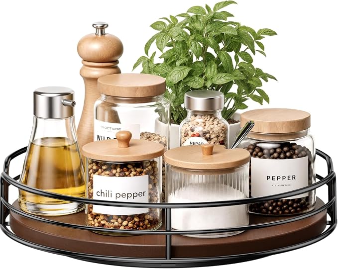 Optish 10" Elegant Lazy Susan, Non-Skid Turntable Spice Organizer, Wooden | 360° Smooth Rotation, Clear Design, Tall Raised Edge, Easy Access, Load 15 lbs, for Spices, Cabinet, Pantry, Fridge, kitchen by Optish