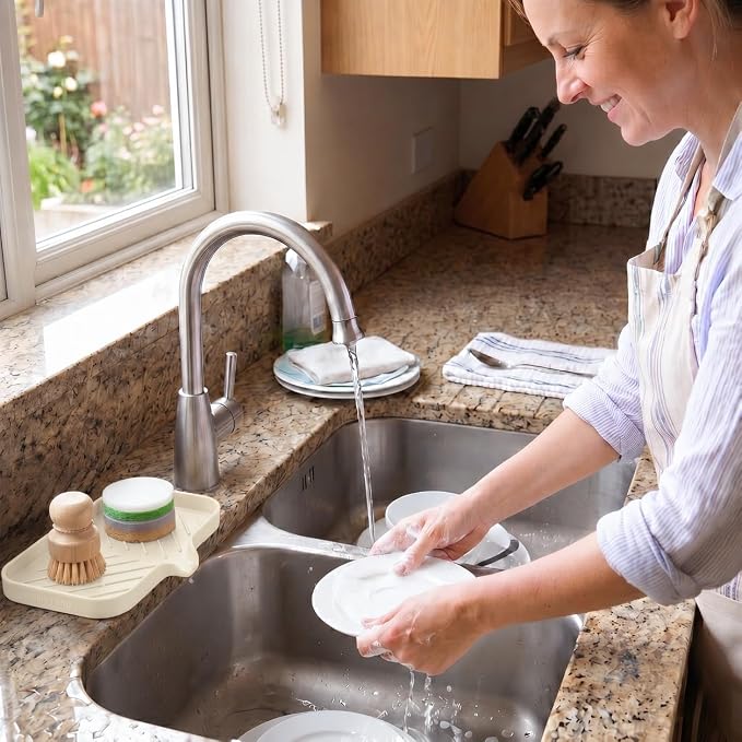 MicoYang Silicone Soap Dish with Drain Spout — Self-Draining Sink Organizer Tray for Bathroom & Kitchen, Sponges, Dispensers & Soap Holder, Non-Slip & Dishwasher Safe, Tapioca (Medium, 9.6"×5.3") - Image 6